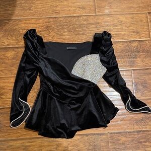 Elegant Black Velvet Off Shoulder Blouse with Silver Accents